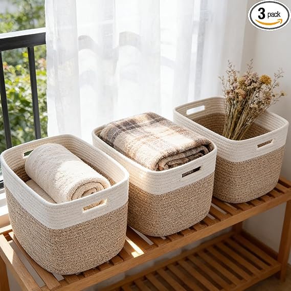 3 Pack Woven Rope Storage Baskets for Shelves - Image 2
